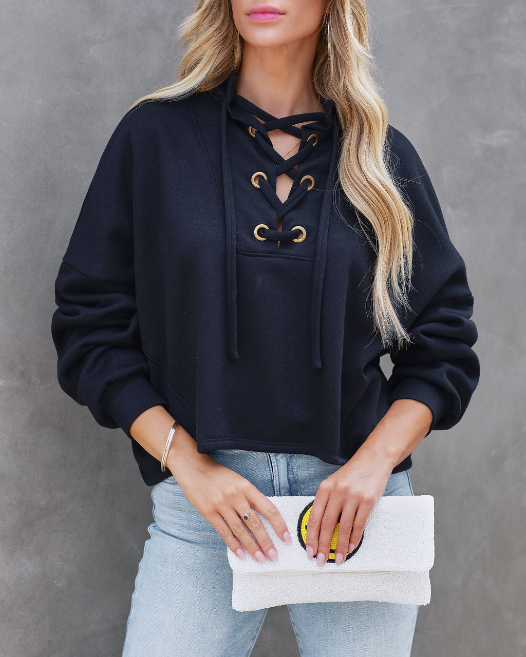 Savannah Lace Up Hooded Pullover Sweater - Black - FINAL SALE