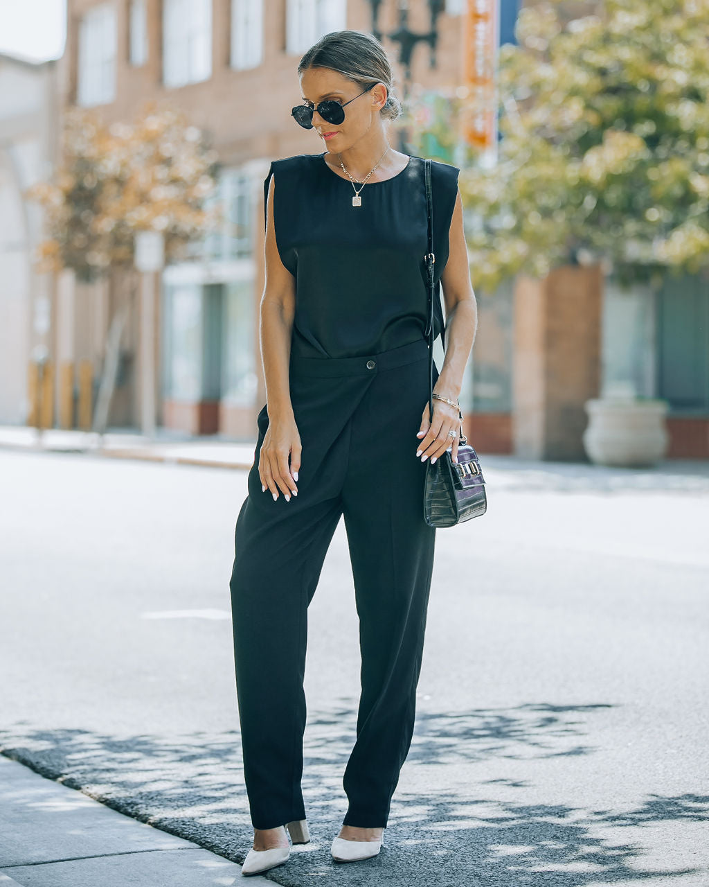 Fancy Gal Satin Padded Shoulder Top - Black - SALE