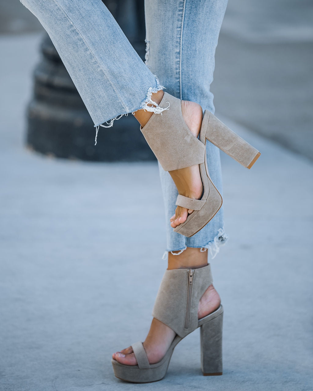 Elsie Heeled Faux Suede Platform Sandal - Dark Taupe