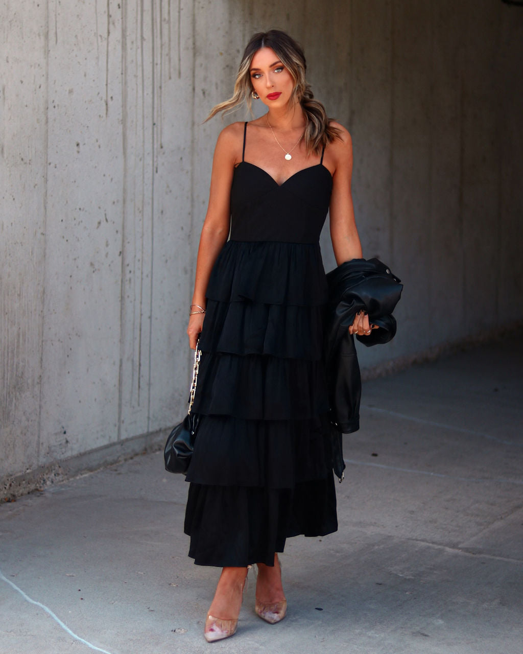 Dhalia Satin Tiered Midi Dress - Black