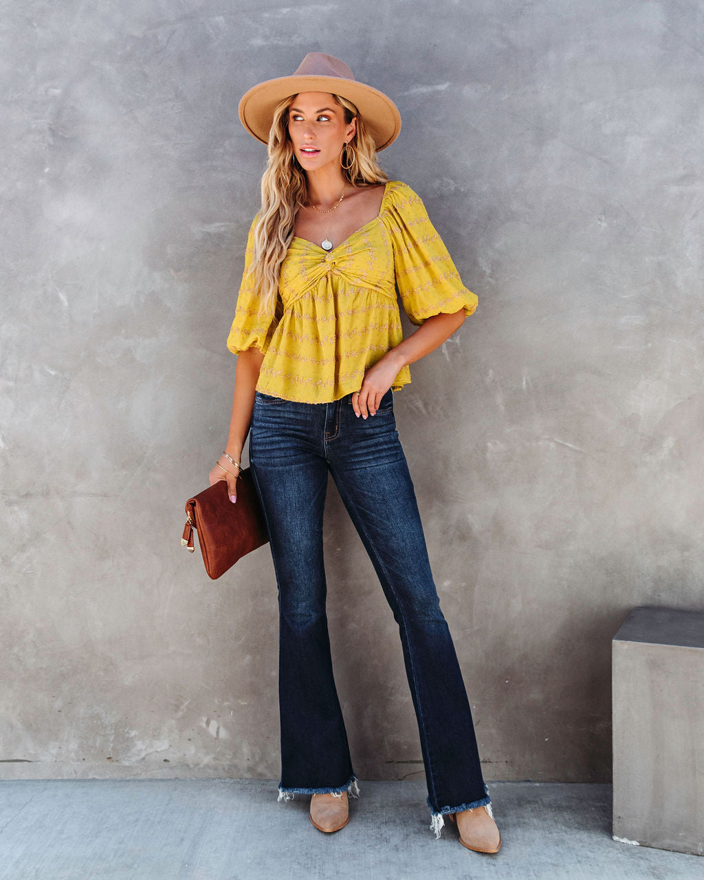Divine Textured Puff Sleeve Top - Mustard - SALE