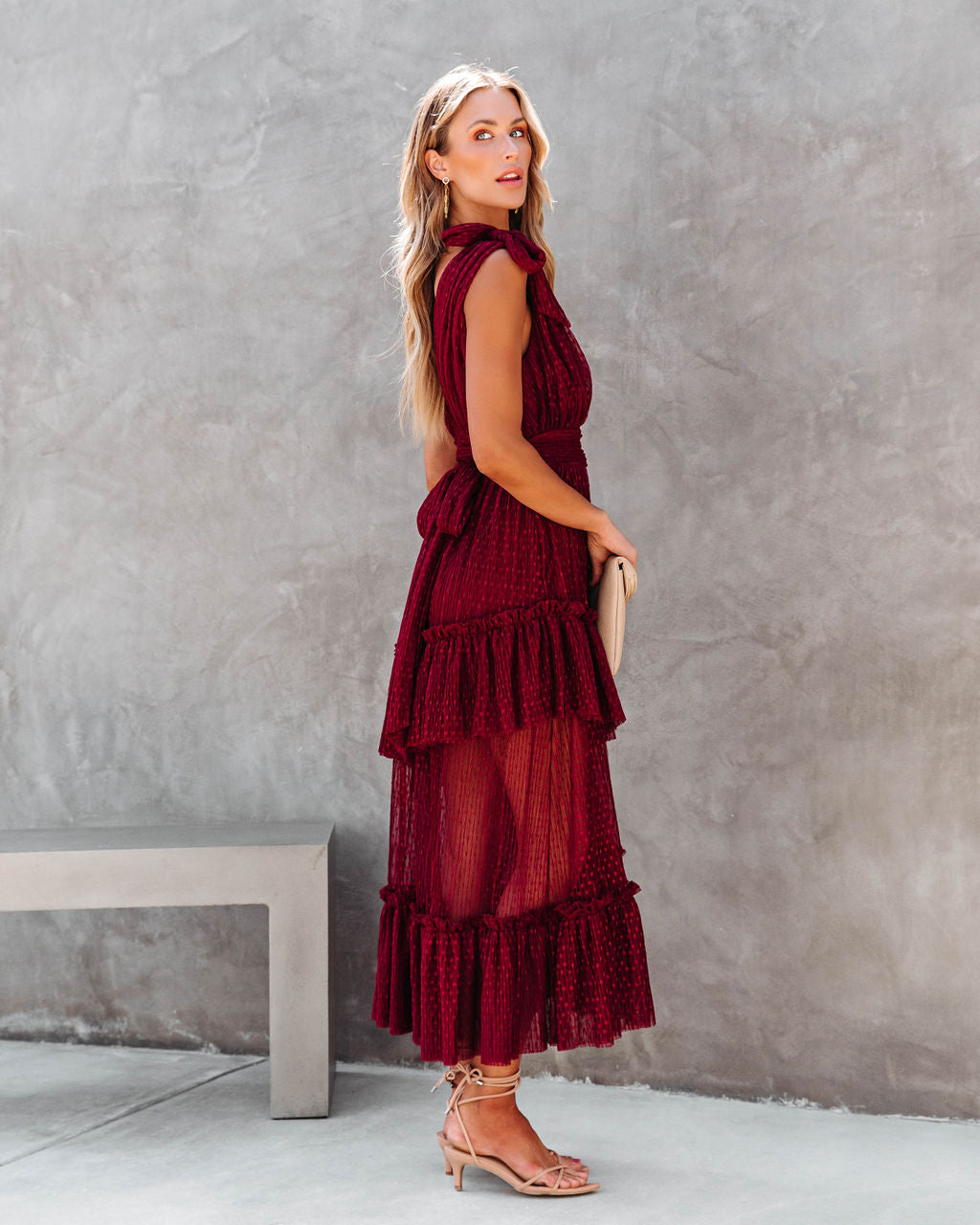 Carrie In Paris Tiered Tulle Midi Dress - Wine