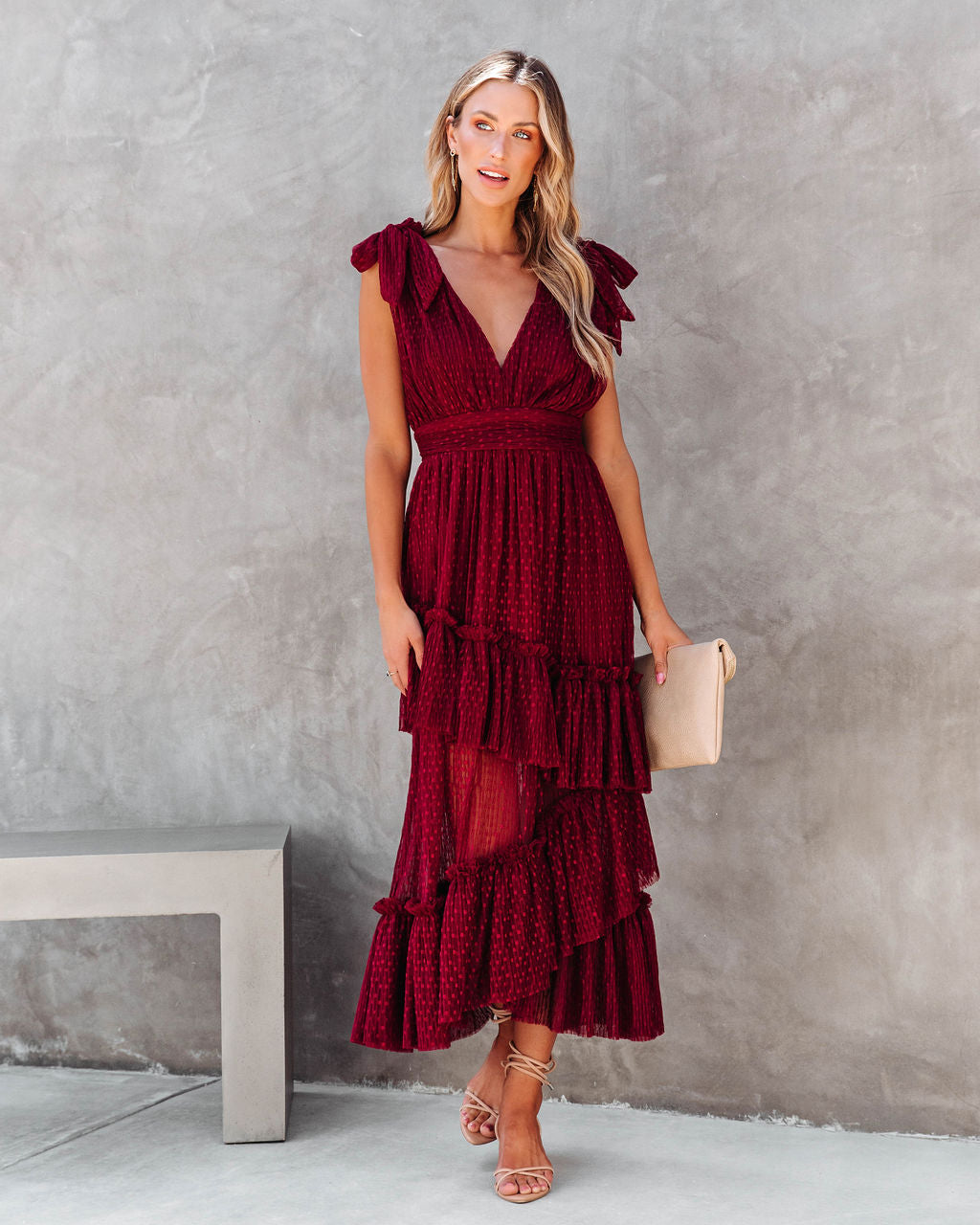 Carrie In Paris Tiered Tulle Midi Dress - Wine