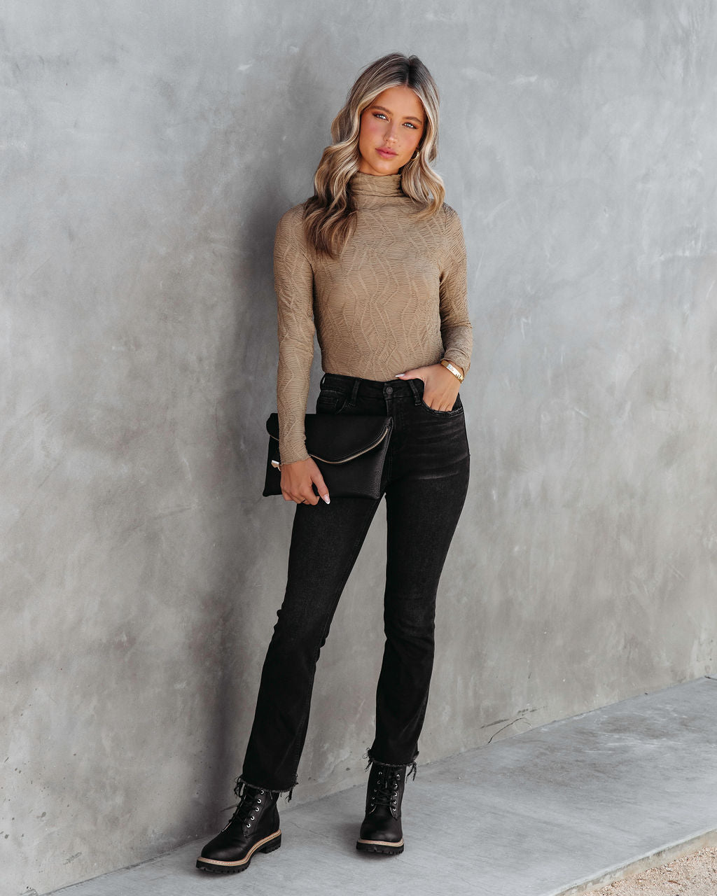 Aria Mock Neck Textured Top - Taupe