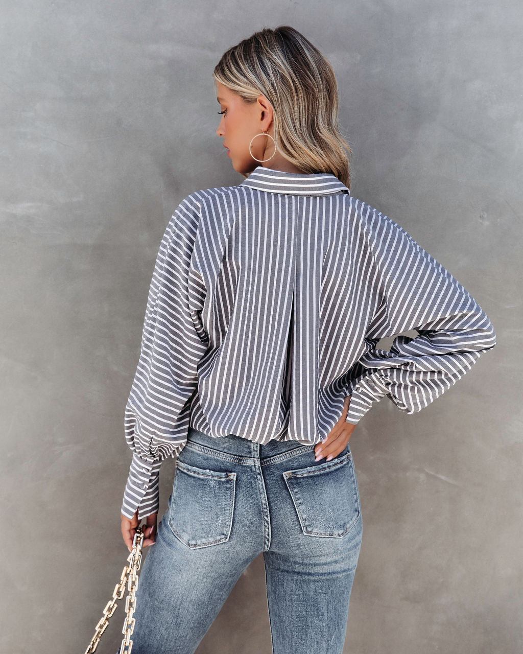 Classic Moment Striped Button Down Top - Charcoal