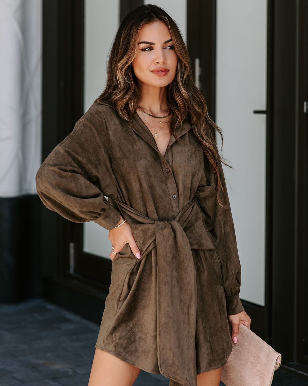 Sophistication Baby Faux Suede Front Tie Shirt Dress - Olive