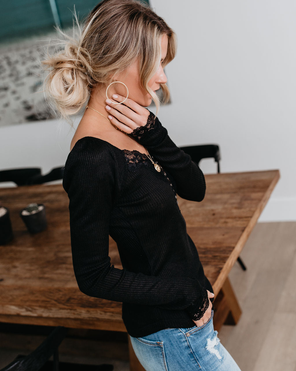 Isn'T It Romantic Lace Henley Top - Black