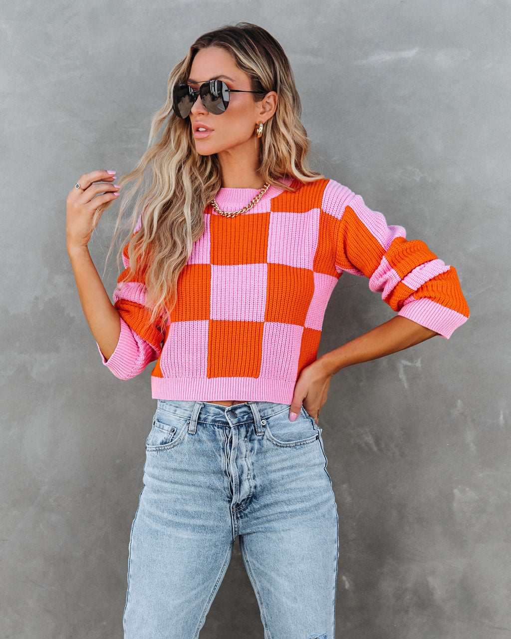 Morris Checkered Pullover Sweater - Pink/Orange Combo
