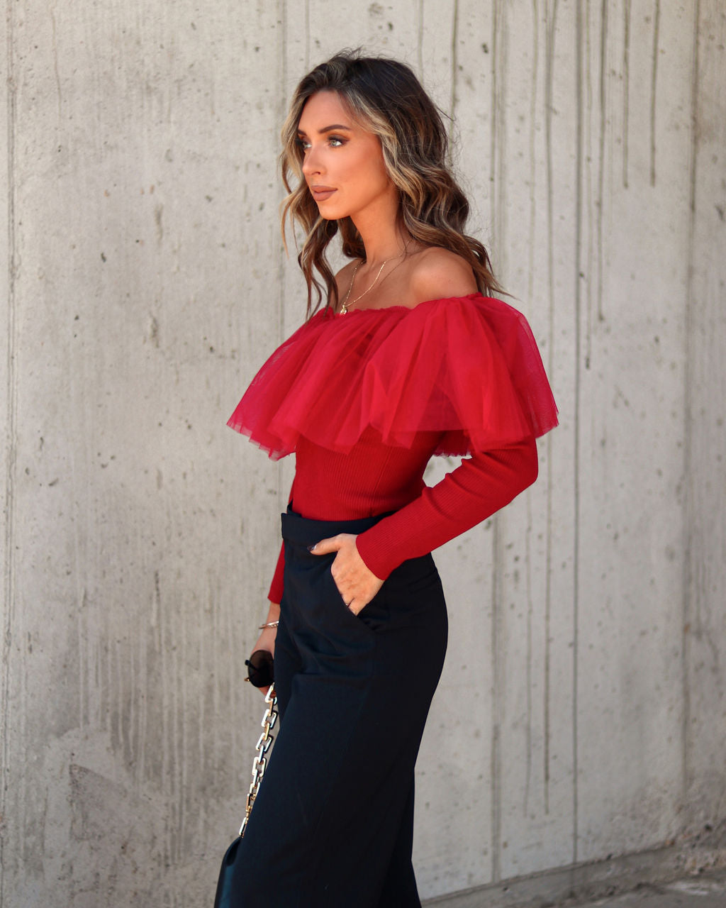 Picture Perfect Glam Ribbed Knit Ruffle Tulle Top - Red