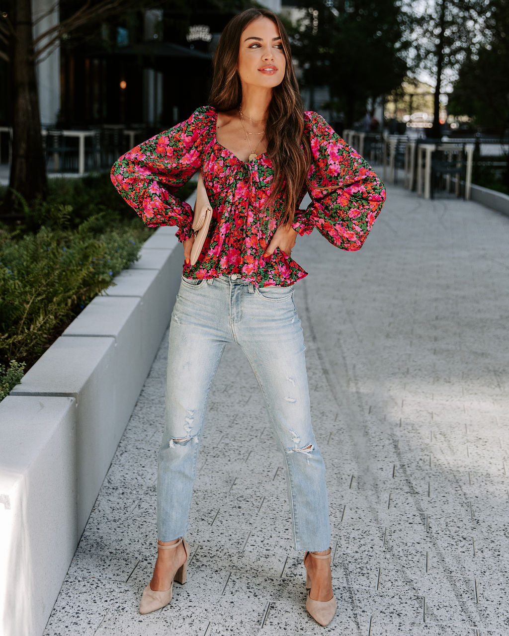 Uncertain Love Floral Front Tie Top - Magenta