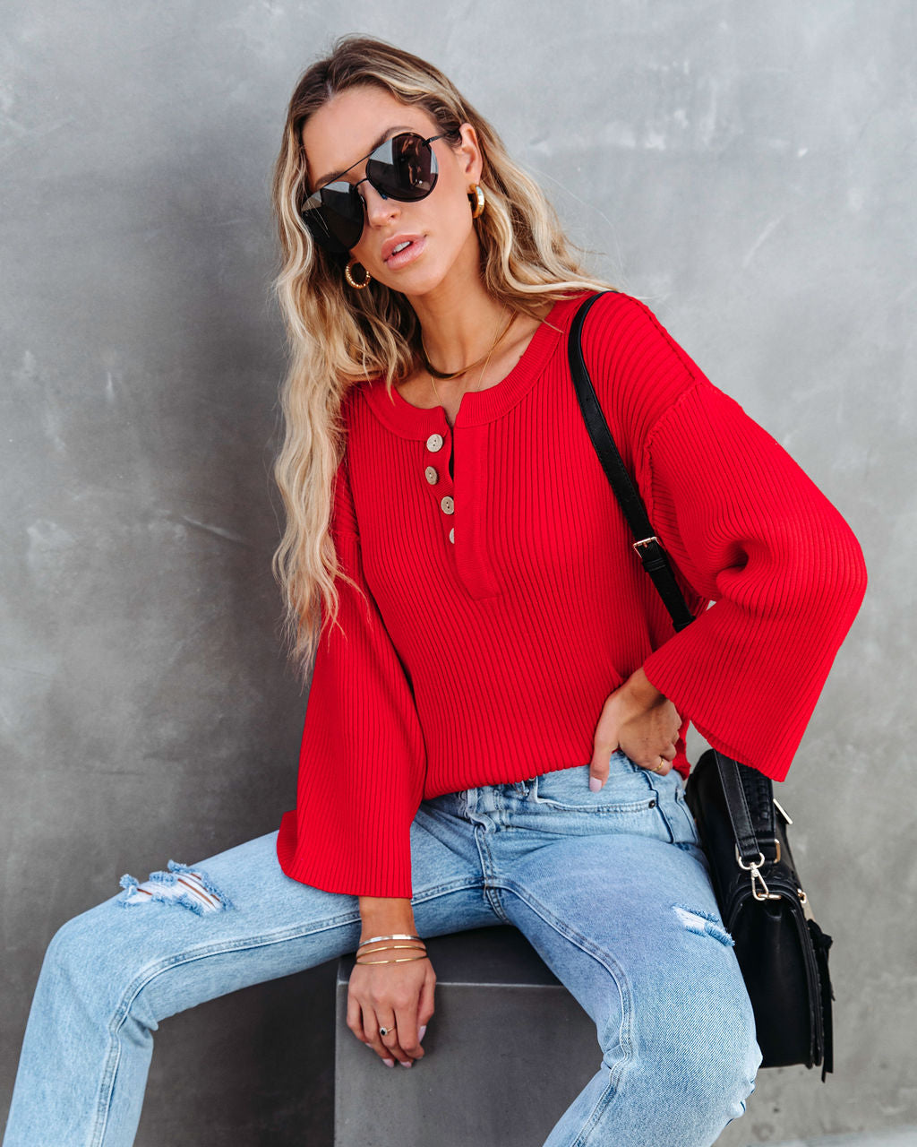 Shawn Ribbed Henley Top - Red - SALE