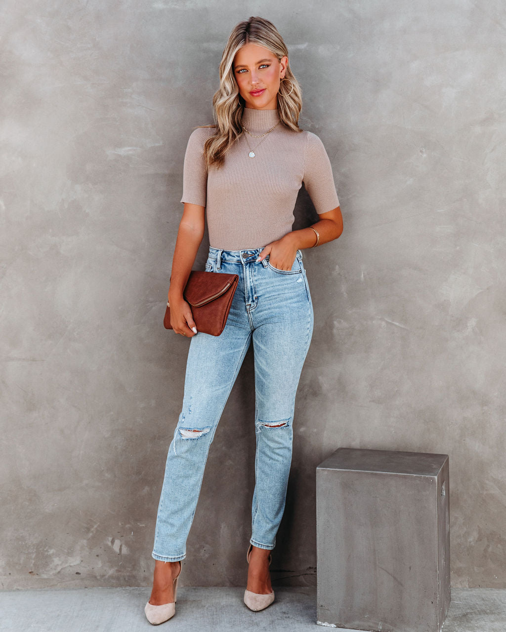 September Mock Neck Ribbed Knit Top - Taupe