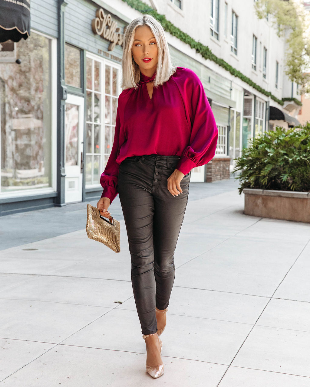 Overall Gratitude Satin Balloon Sleeve Top - Wine
