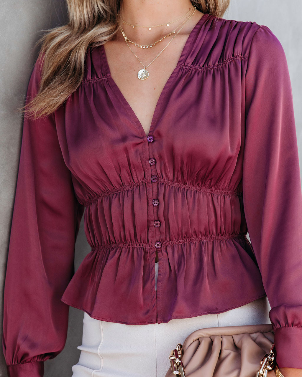 Capulet Satin Smocked Long Sleeve Top - Mauve