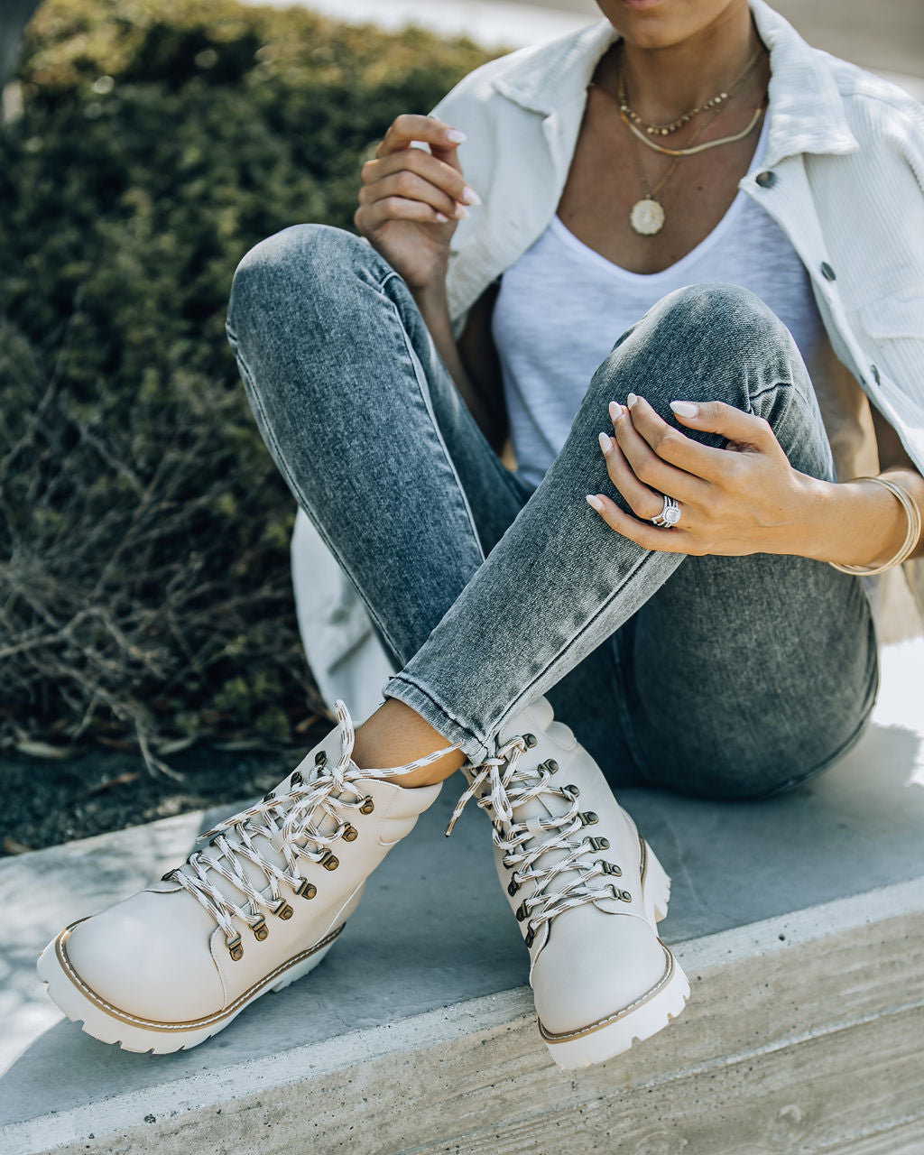 Kinsley Faux Leather Lace Up Boot - Beige