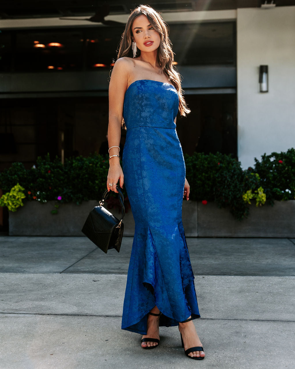 Elliana Strapless Embossed Ruffle Maxi Dress - Navy