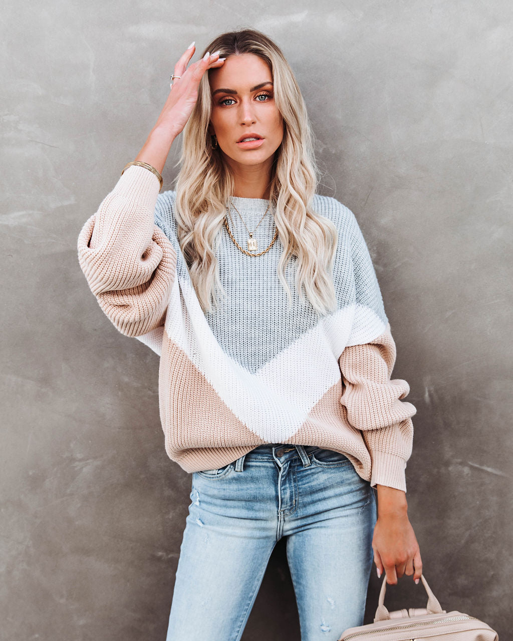 Give Love A Chance Chevron Sweater - Heather Grey/ Taupe