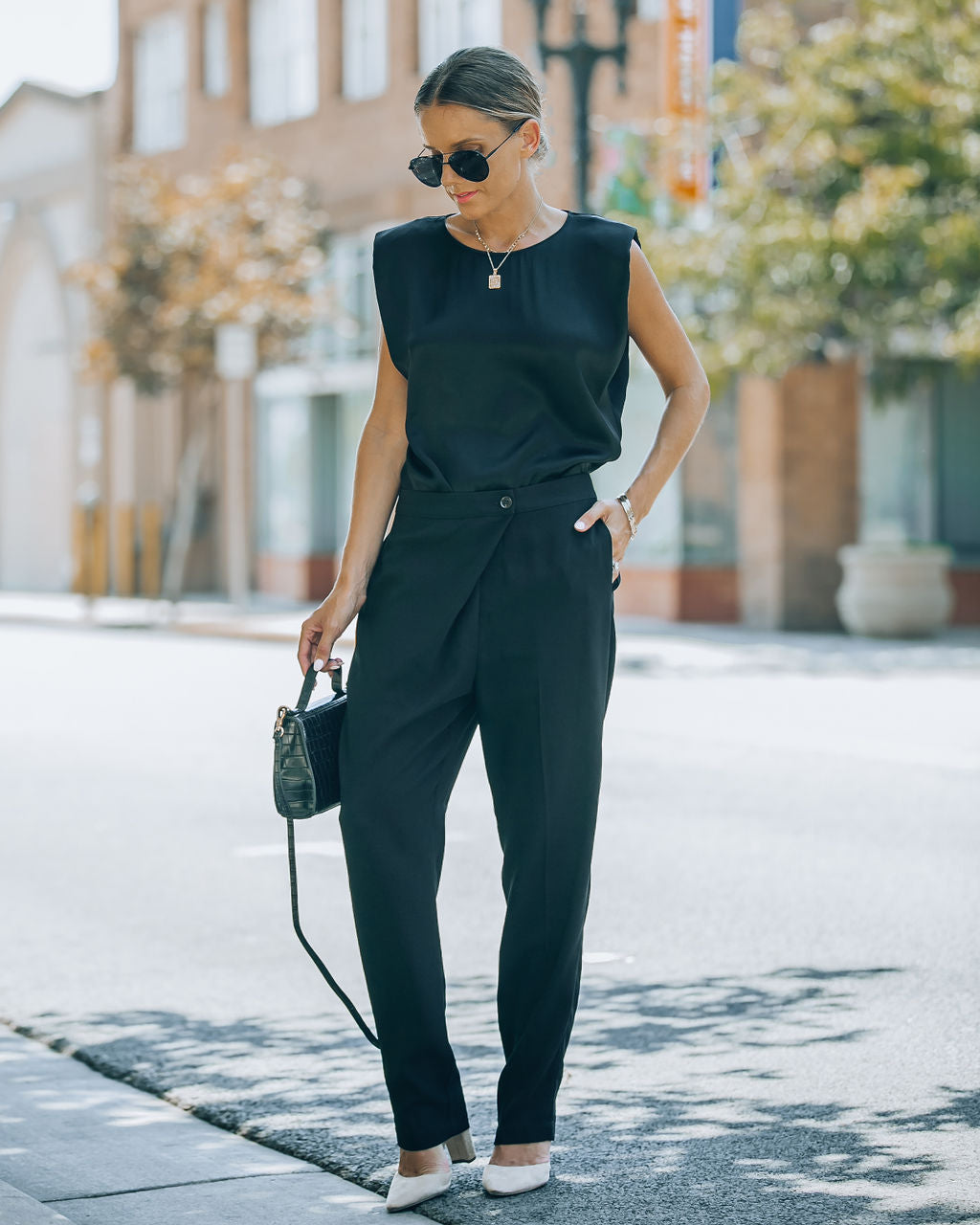 Fancy Gal Satin Padded Shoulder Top - Black - SALE