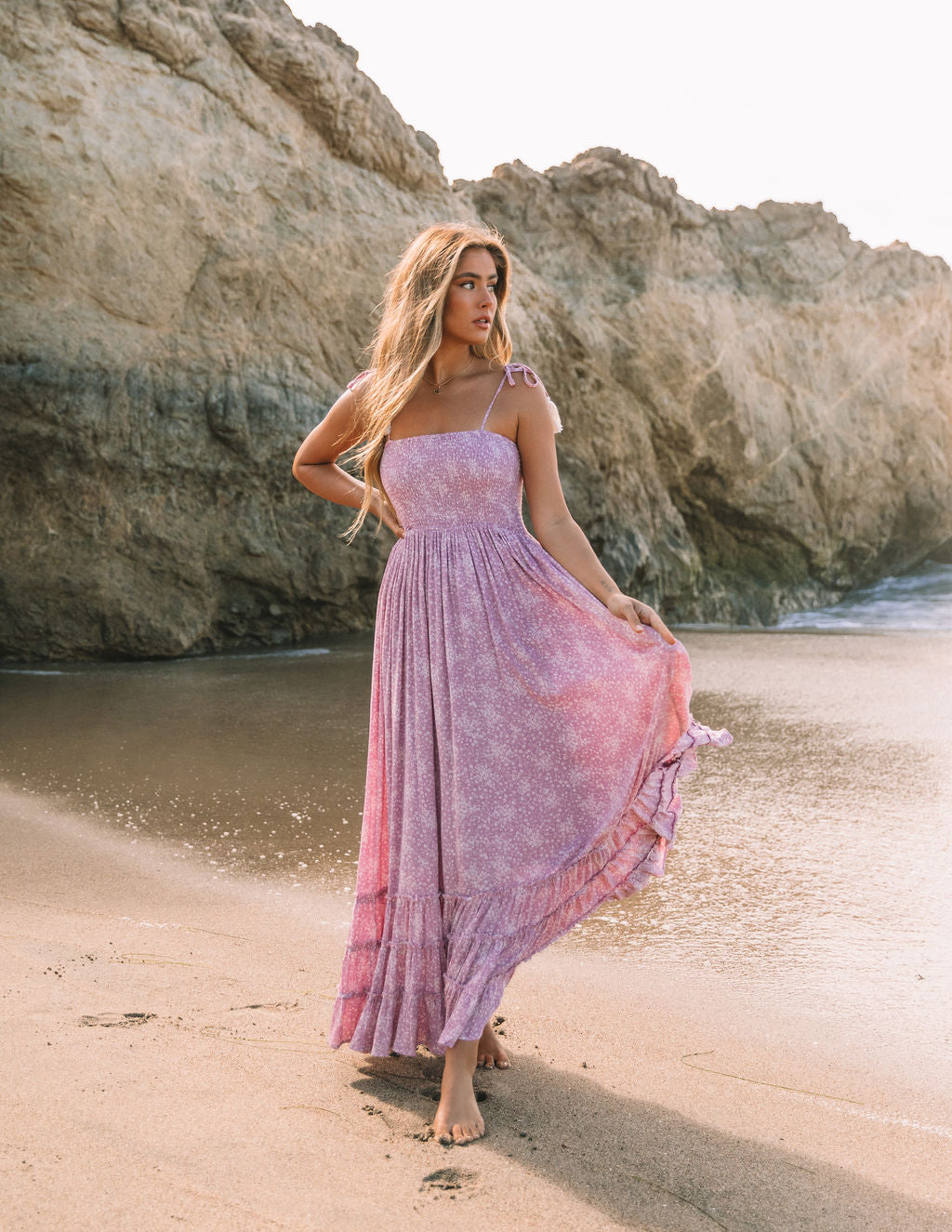 Bradlea Smocked Tassel Tie Maxi Dress - Lilac - SALE