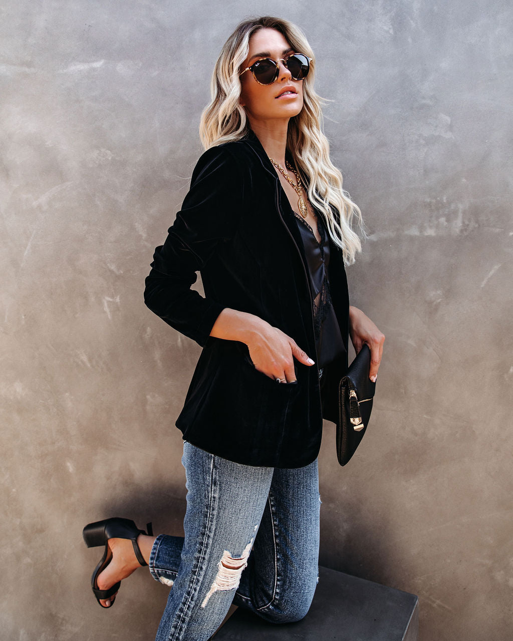 Wine Me And Dine Me Pocketed Velvet Blazer - Black