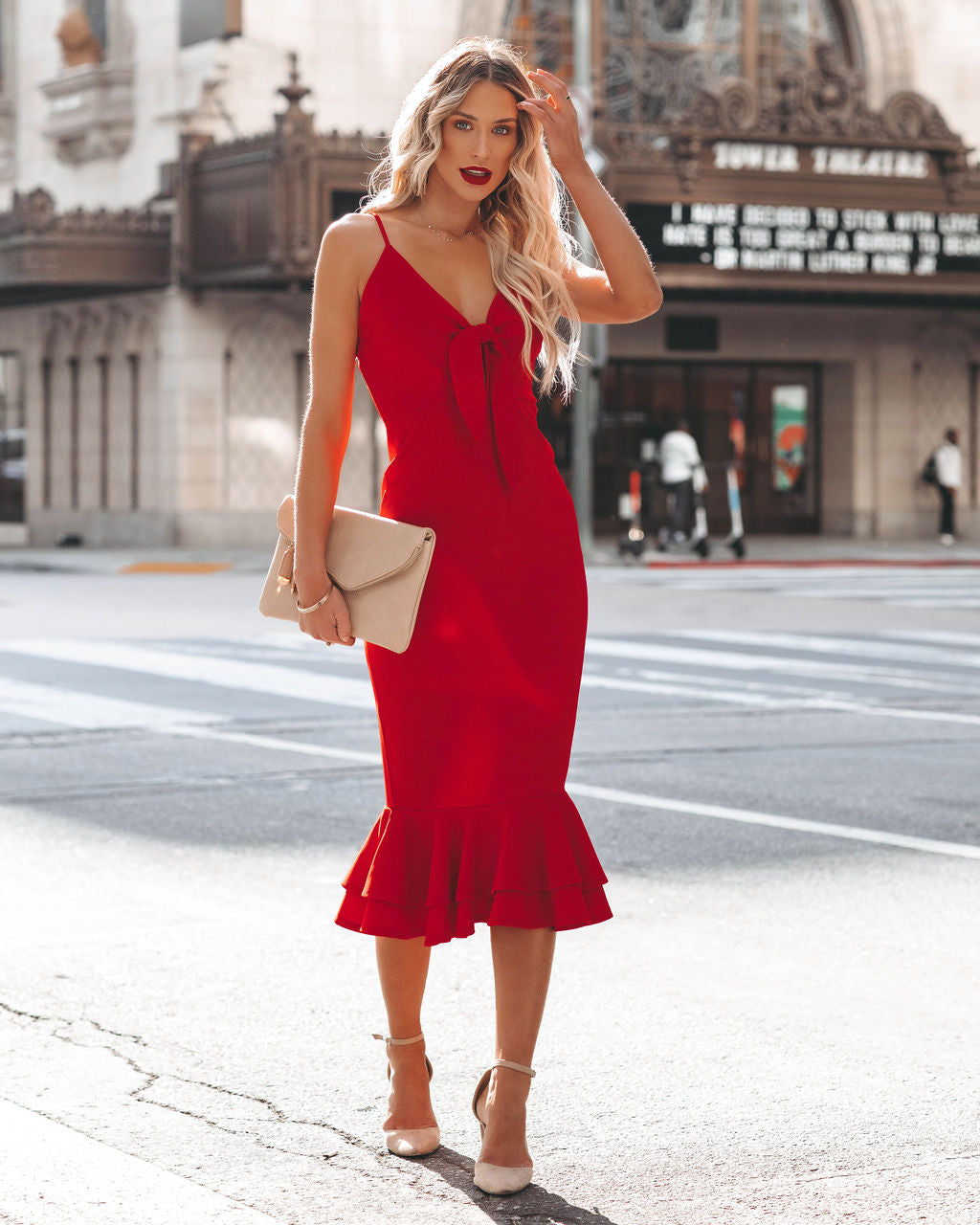 Impeccable Tie Front Ruffle Midi Dress - Red