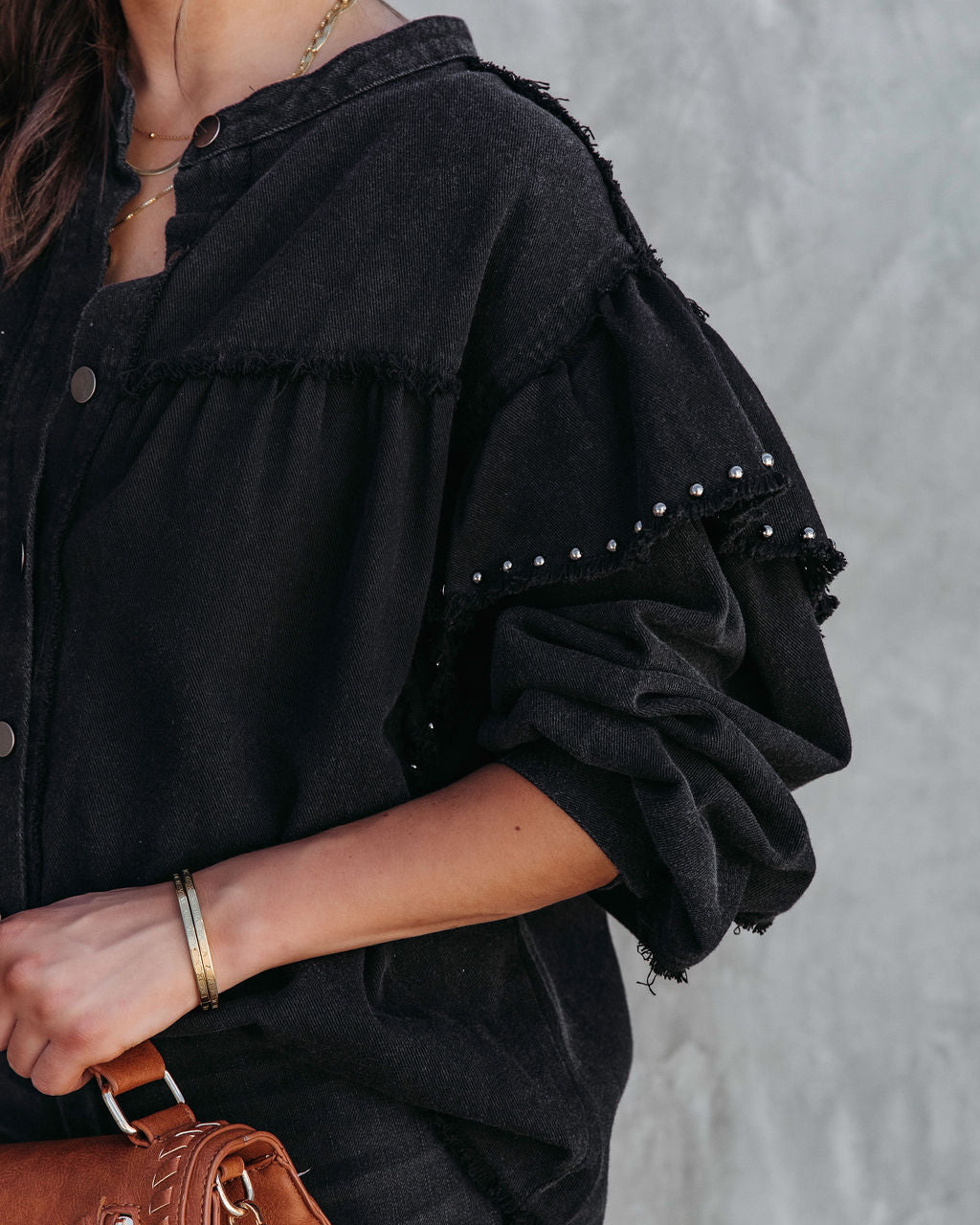 Darcey Denim Studded Frayed Lightweight Jacket - Black - SALE