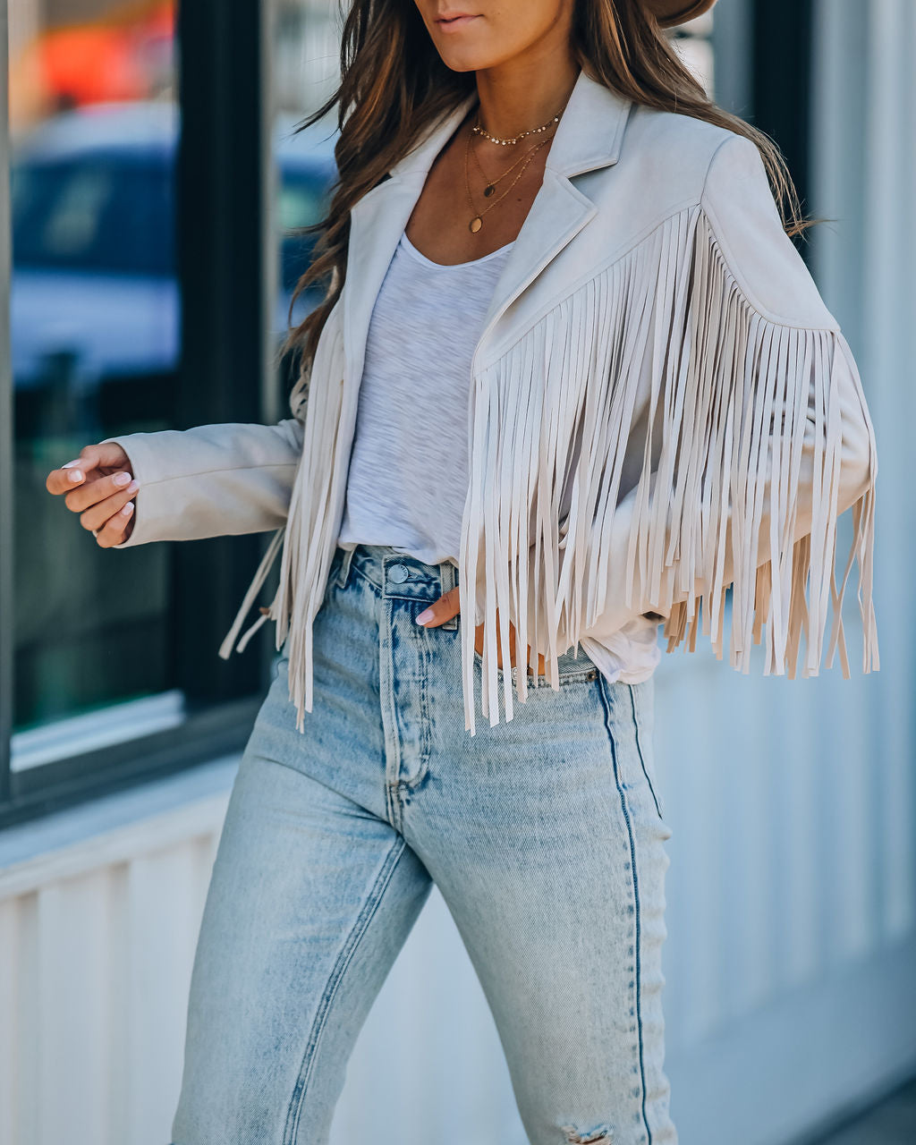Walford Cropped Fringe Faux Suede Jacket - Sand