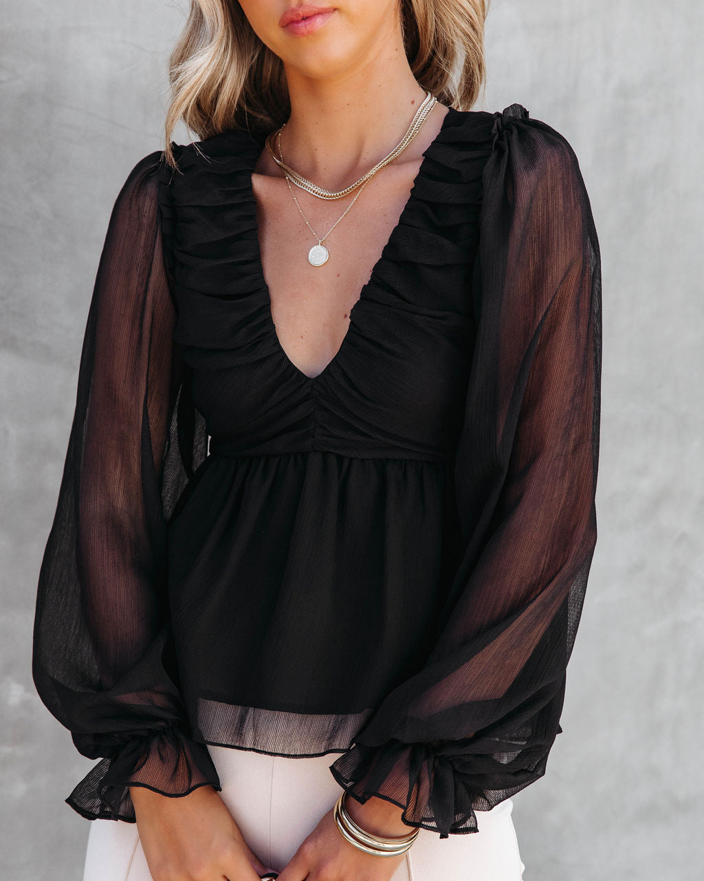 Into The Night Drape Chiffon Top - Black