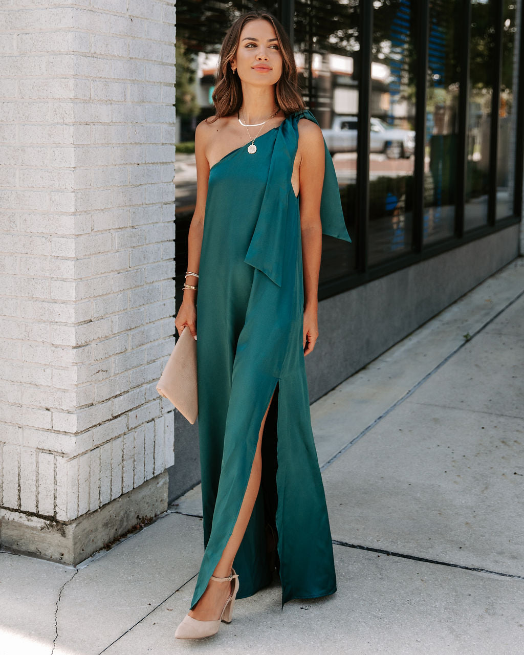 Invite Only Satin One Shoulder Maxi Dress - Dark Green