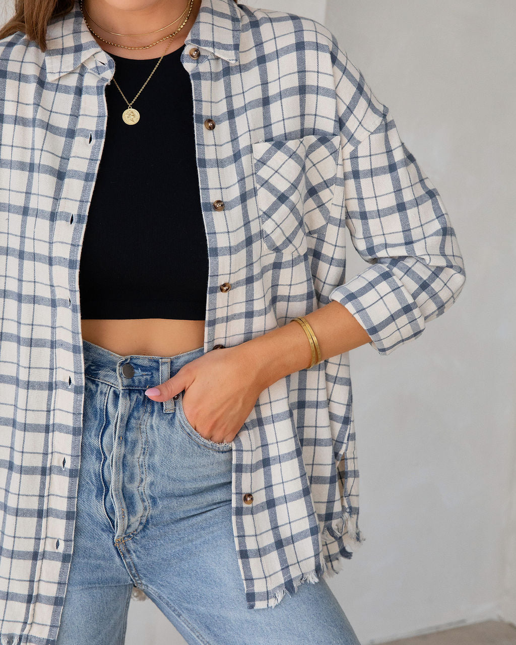 Farmers Market Lightweight Plaid Top - Off White - SALE