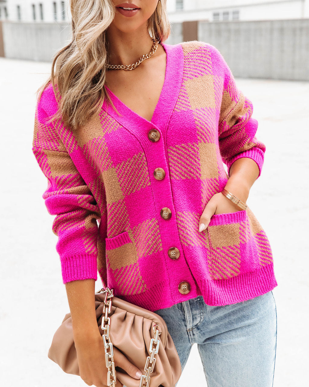 No Drama Here Plaid Pocketed Cardigan - Camel