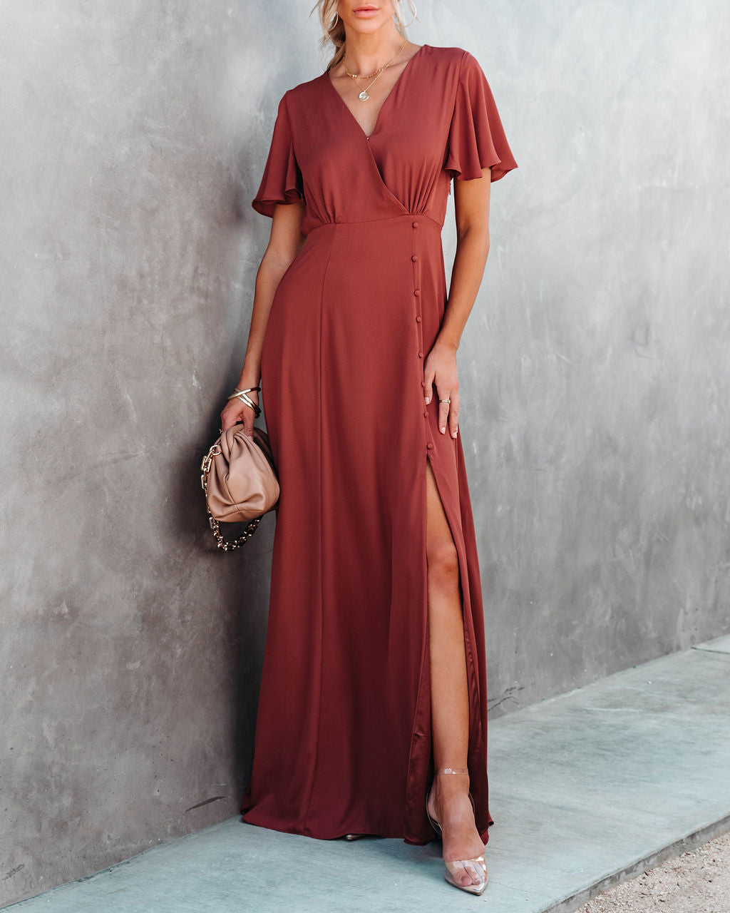 Last Forever Flutter Sleeve Maxi Dress - Brown Rust
