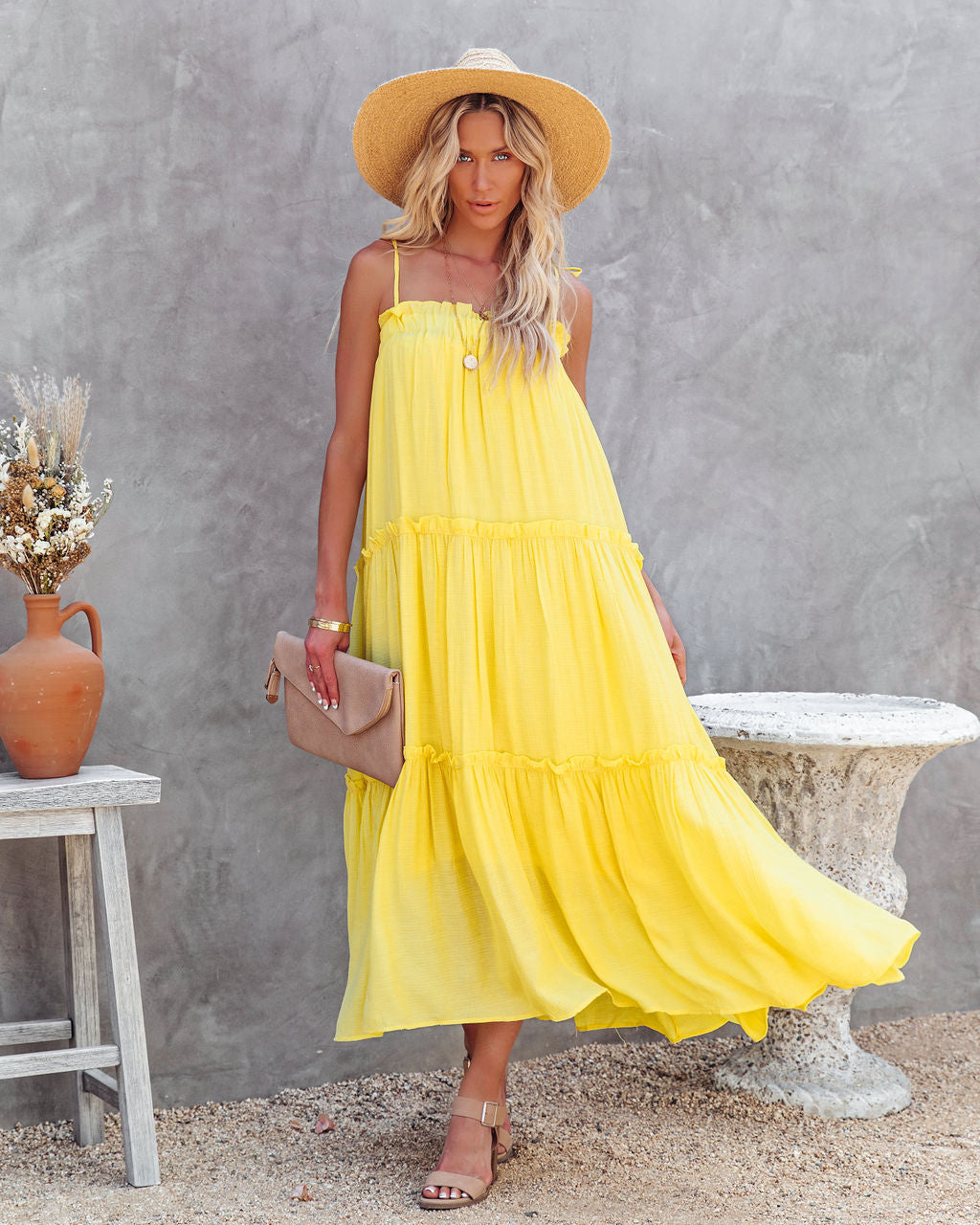 Catch The Sun Tiered Midi Dress - Lemon - FINAL SALE