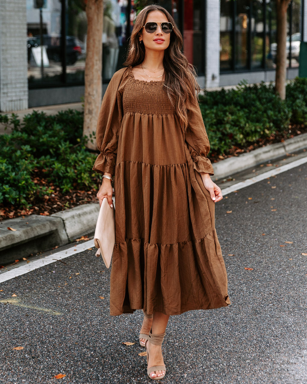 River Pocketed Puff Sleeve Midi Dress - Mocha
