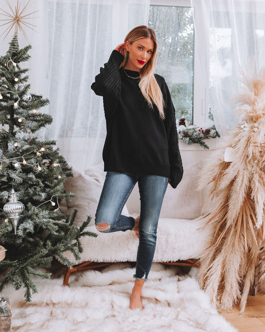 Luke Contrast Cable Knit Sweater - Black