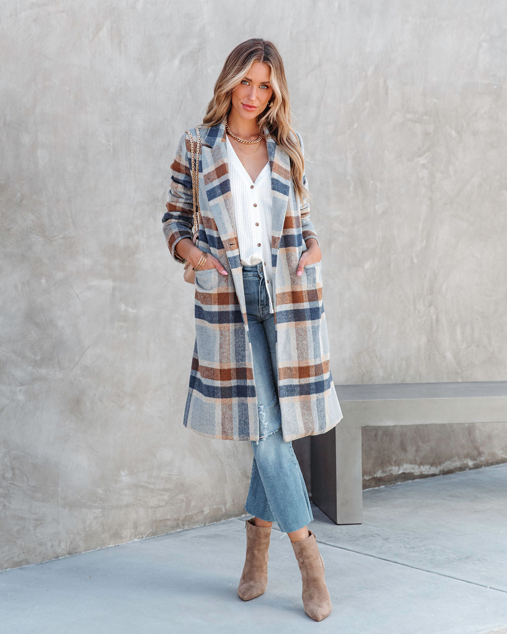 Brisk Rain Strolls Pocketed Plaid Coat
