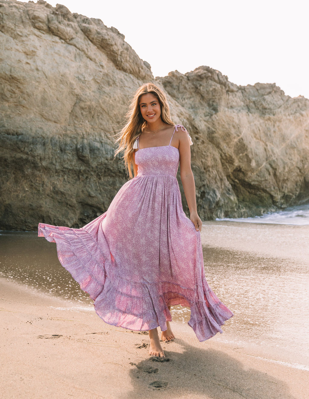 Bradlea Smocked Tassel Tie Maxi Dress - Lilac - SALE