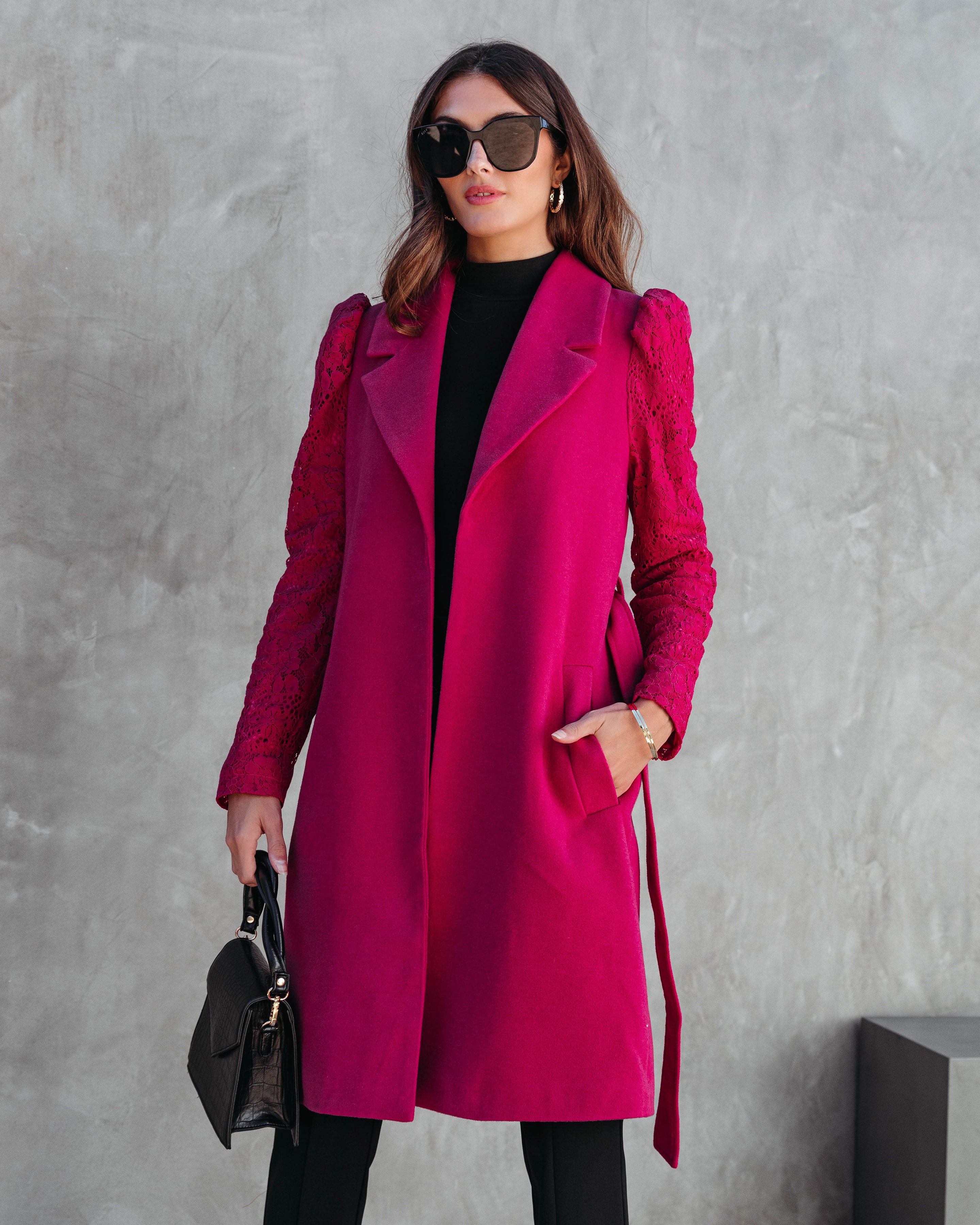 Eileen Pocketed Lace Sleeve Coat - Berry