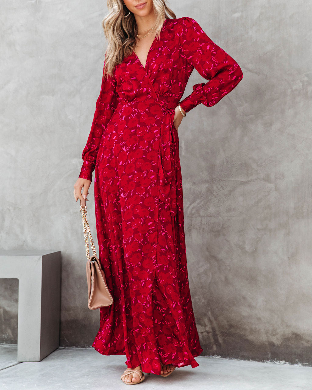 Lucia Satin Floral Wrap Maxi Dress - Red