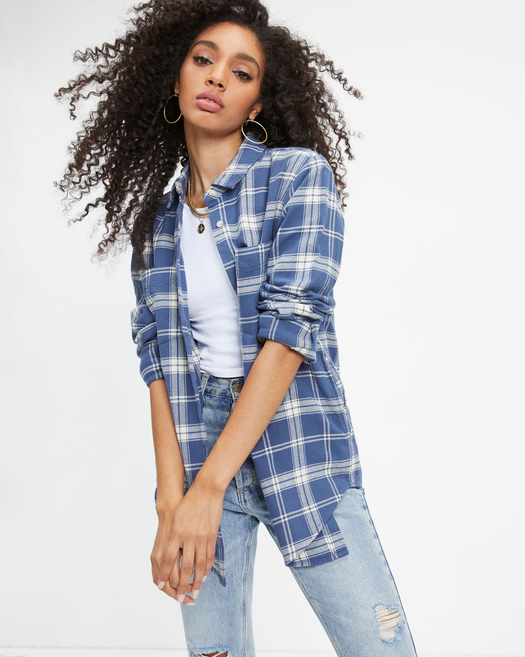Oxford Plaid Pocketed Button Down Top