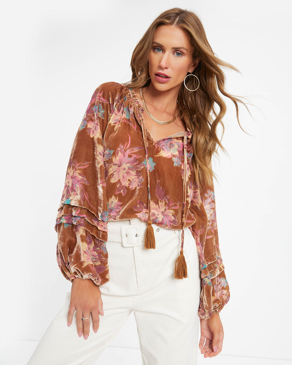 Arden Floral Burnout Velvet Top - Taupe