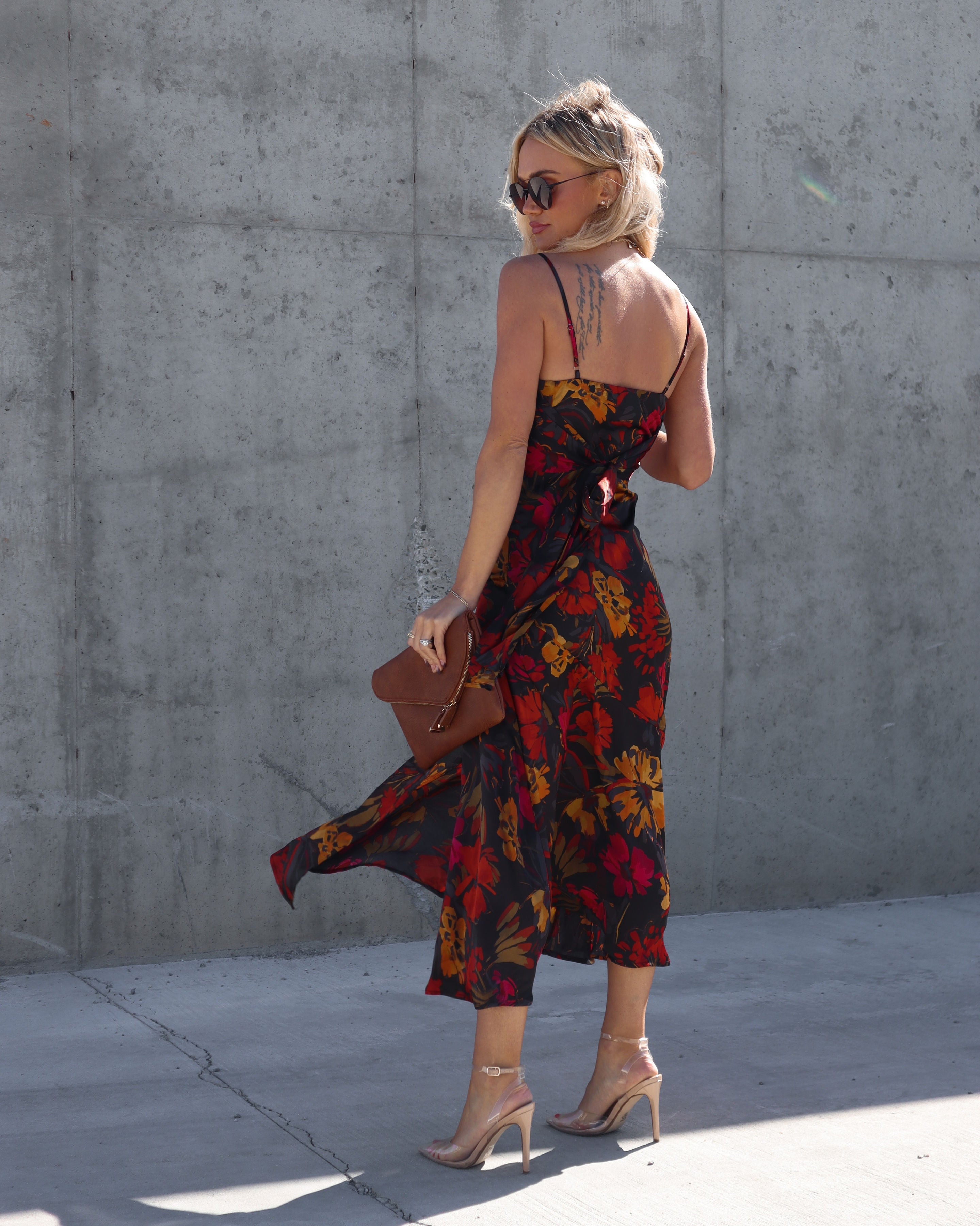 Brandy Satin Floral Slit Midi Dress