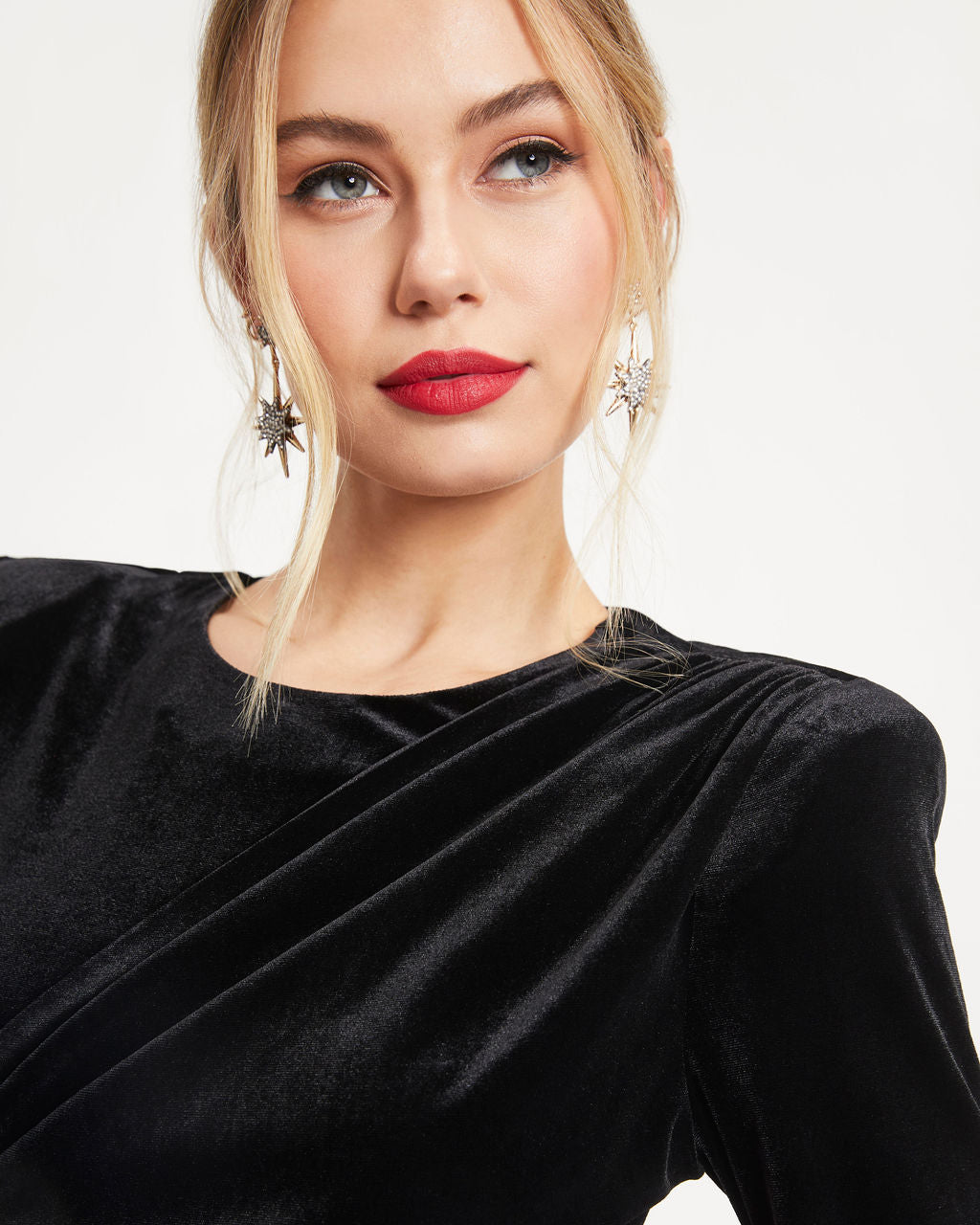 Estella Velvet Padded Shoulder Drape Crop Top - Black