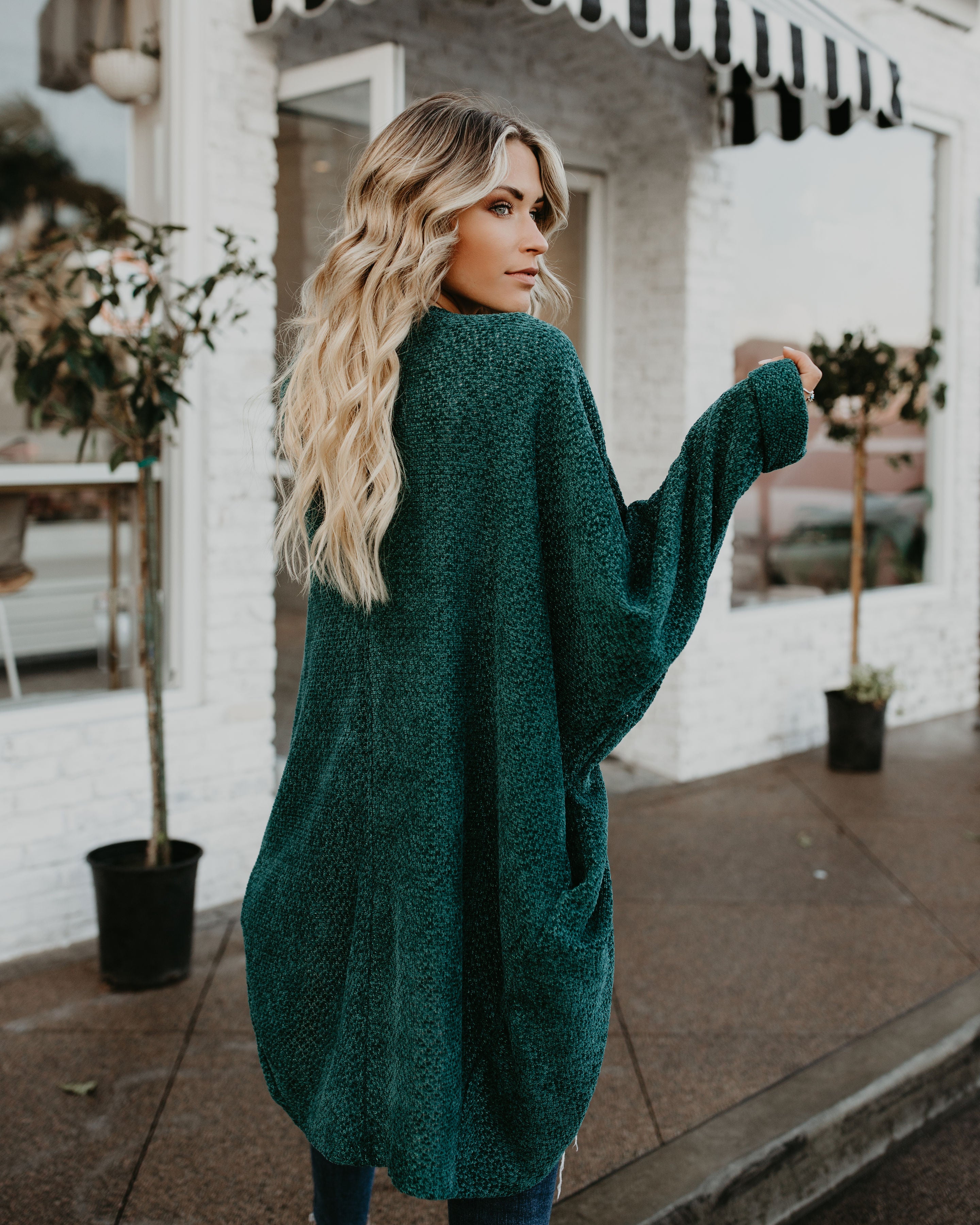 Holiday Spirit Chenille Pocketed Dolman Cardigan - Pine Tree
