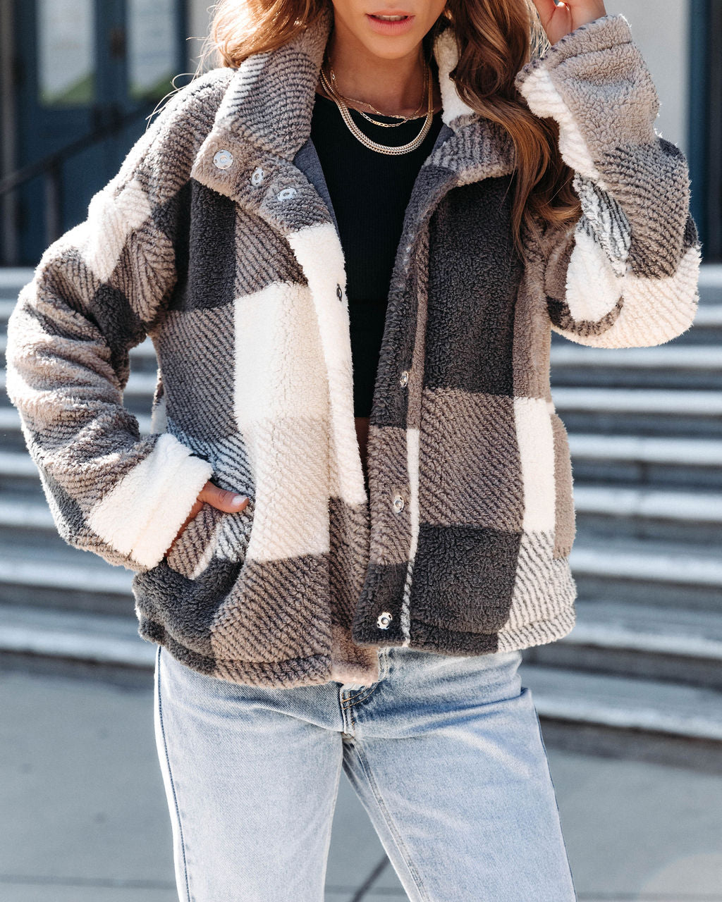 Snuggled Down Pocketed Plaid Teddy Jacket