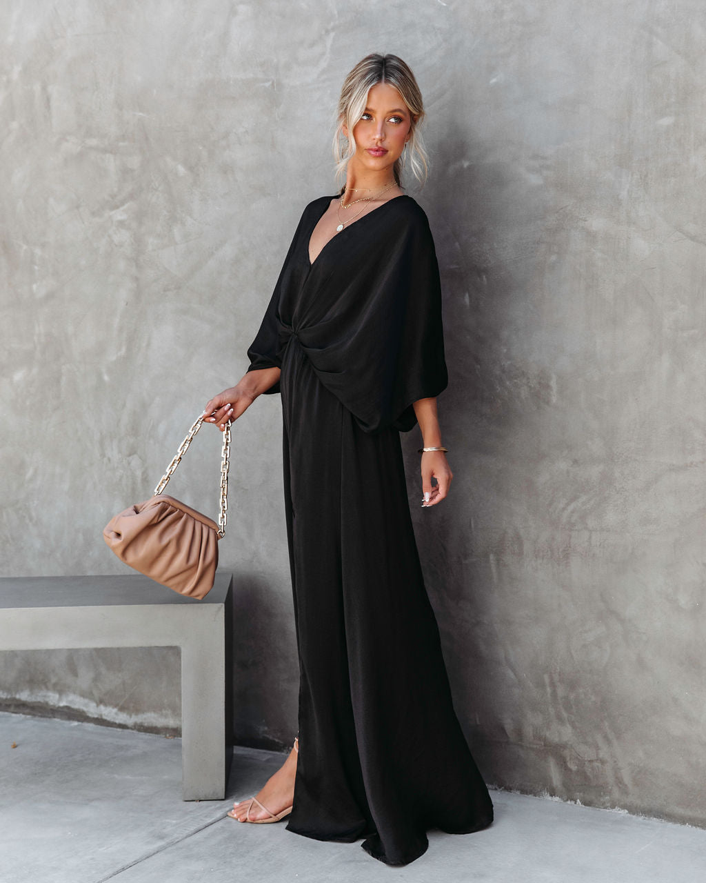 Most Classy One Satin Kimono Maxi Dress - Black