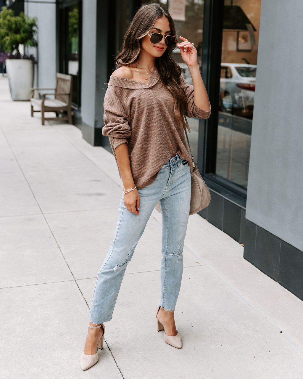 Touch Of Fall Oversized Ribbed Long Sleeve Top - Cocoa