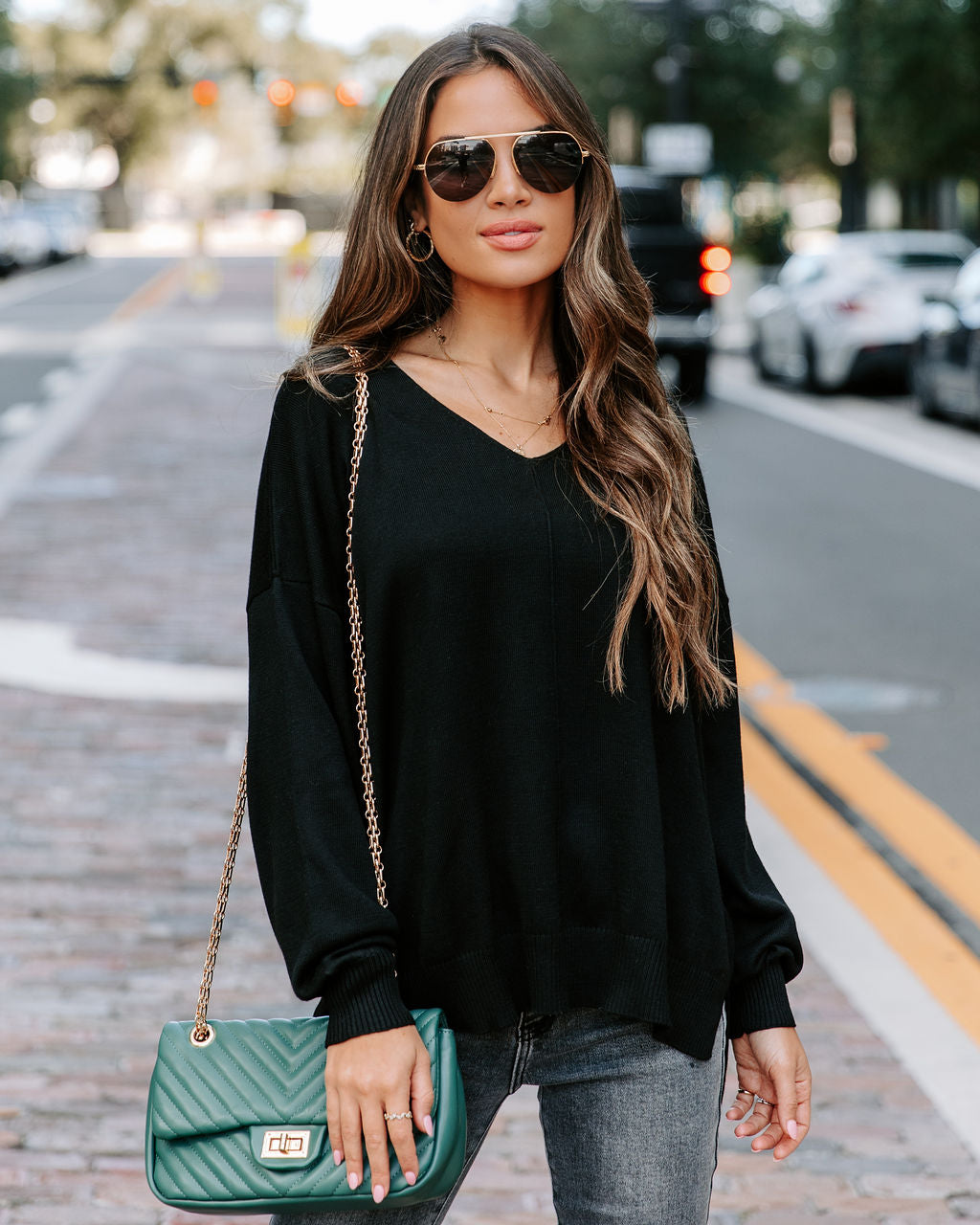 Claudette V-Neck Knit Pullover Sweater - Black