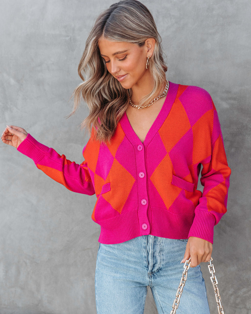 Daria Argyle Pocketed Cardigan - Orange