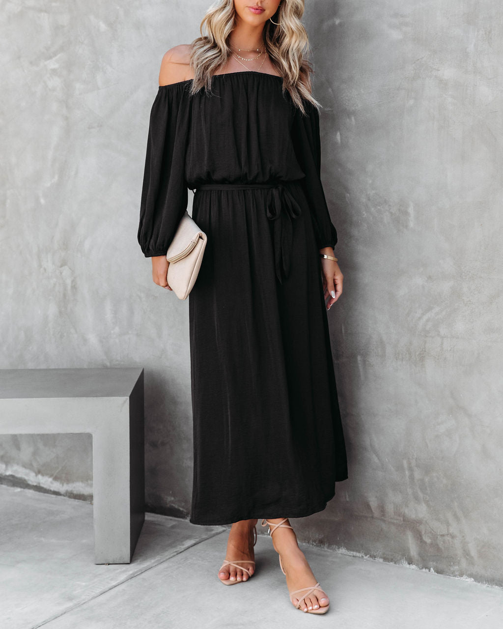 Echo Off The Shoulder Front Tie Midi Dress - Black